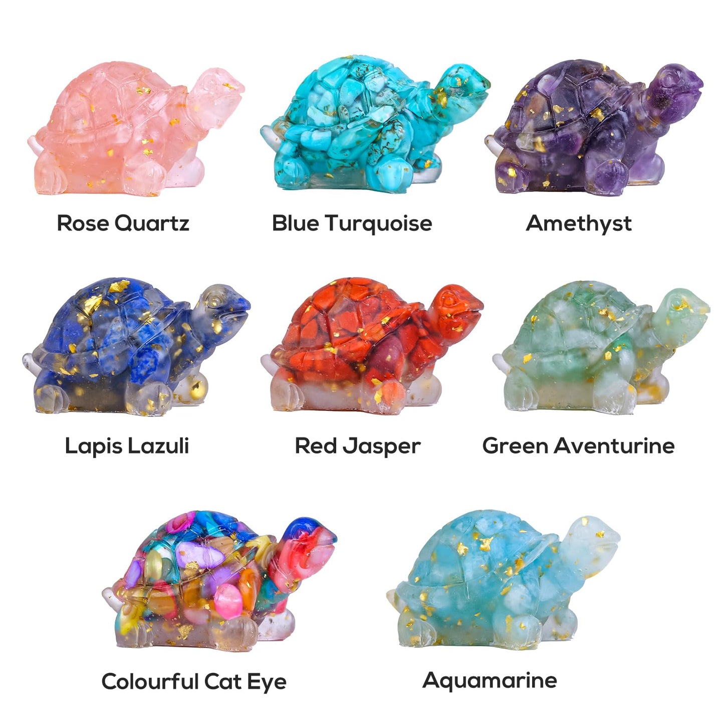 RJINGSHI 8PCS Crystal Turtle Figurine Set for Teens- Handmade Sea Turtle Resin Decor for Home, Office & Fish Tank, Healing Crystal Animal Statues for Desk, Shelf or Meditation Space Gift