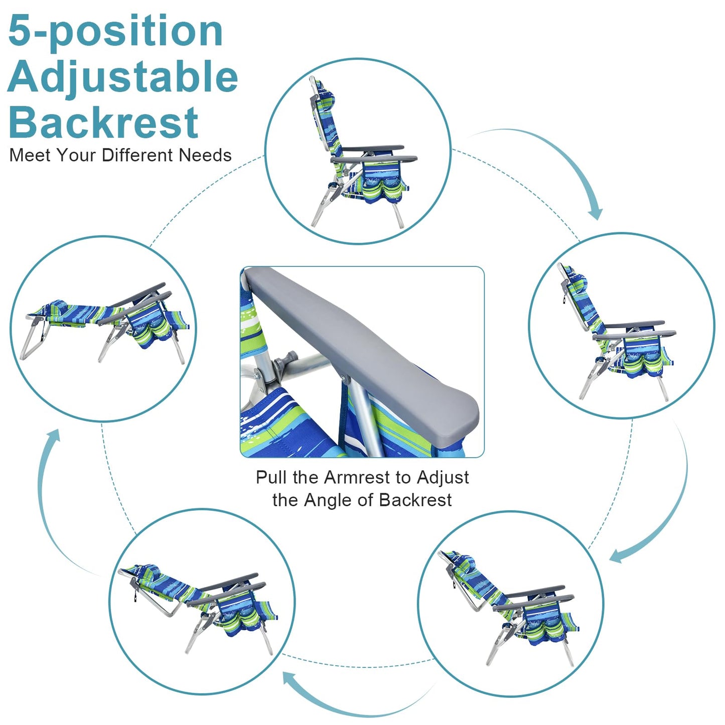 GYMAX Beach Chairs, Backpack Camping Chair with Armrest, Cooler Bag, Cup Holder, Towel Bar & Side Pockets, Sunbath Sling Tanning Lounge, Folding Layout Chair (with Table, Blue Stripe)
