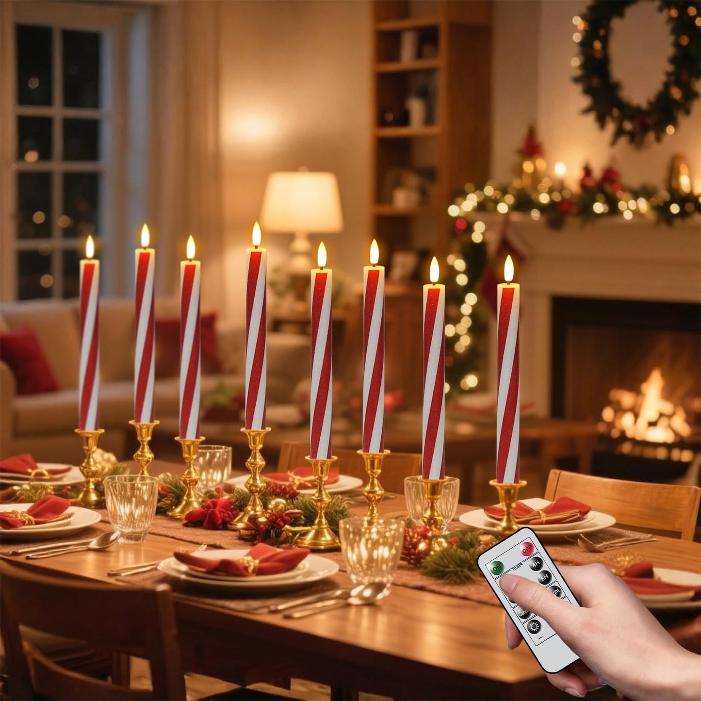 DRomance Christmas Flameless Taper Candles Flickering Battery Operated with Remote Timer, 2 Pack Real Wax 3D Wick LED Taper Candles Candy Cane Decals Holiday Indoor Dinner Decor(0.76" D x 9.65" H)
