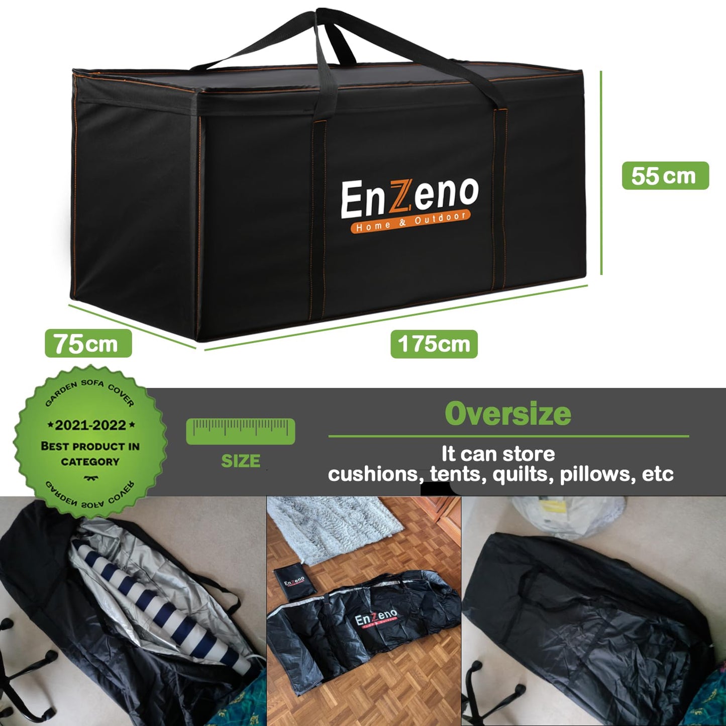Enzeno Garden Furniture Cushion Storage Bag, 420D Oxford Fabric Waterproof, Anti-UV Heavy Duty Christmas Tree Storage Bag with Carry Handle and Zipper (175x75x55cm), Black