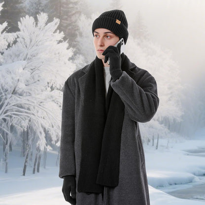 Winter Beanie Hats for Men Long Neck Scarf and Touchscreen Gloves Set with Fleece Lined Skull Caps Gifts for Men Black