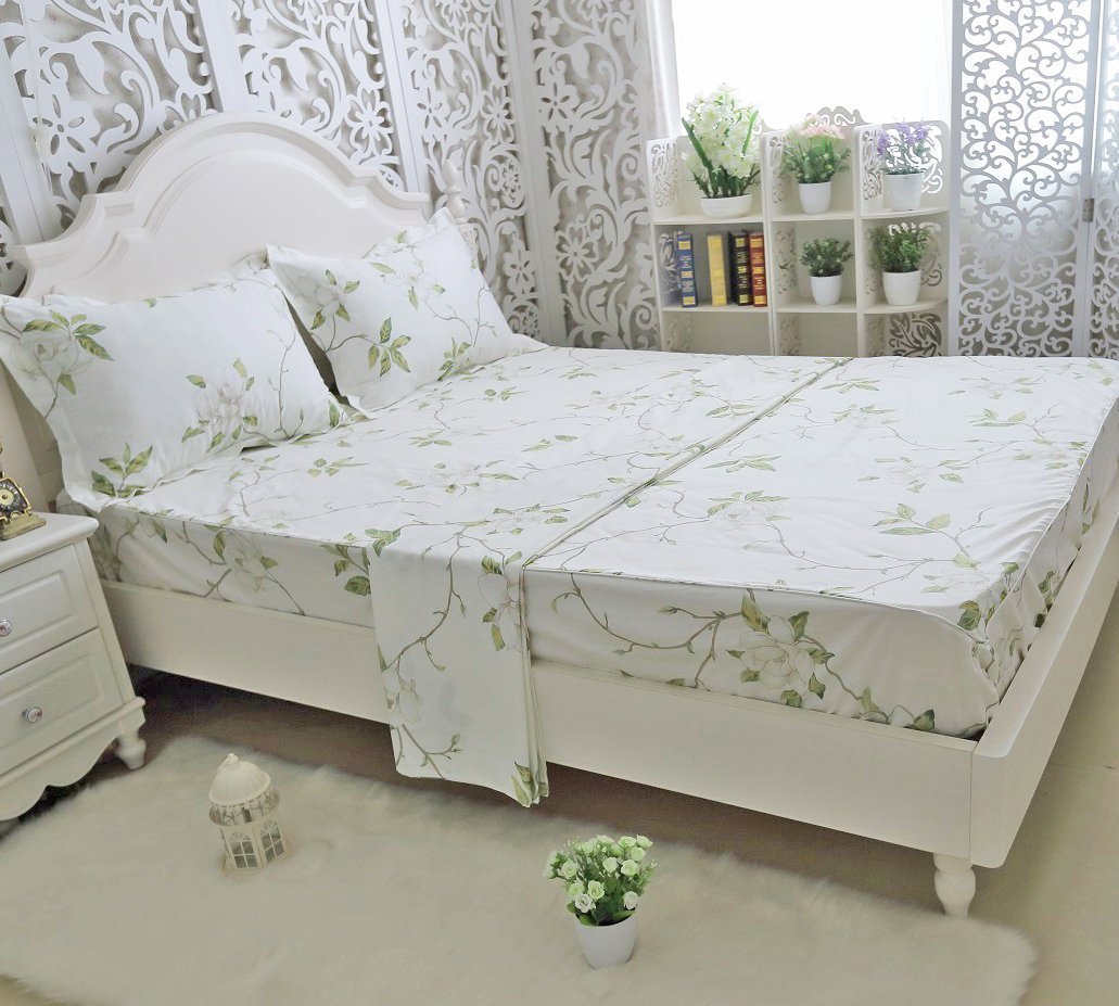 FADFAY Shabby White Floral Bed Sheet Set 100% Cotton Sheets Green Leaves 4Piece - Twin XL Size