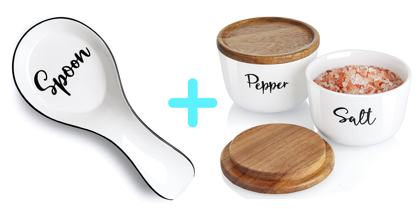 Ceramic Spoon Rest for Stove Top, DAYYET Large Spoon Holder, Farmhouse Spoon Rest for Kitchen Counter, White Bundle Farmhouse Salt and Pepper Bowls, 10 oz Ceramic Salt Cellar with Wooden Lid