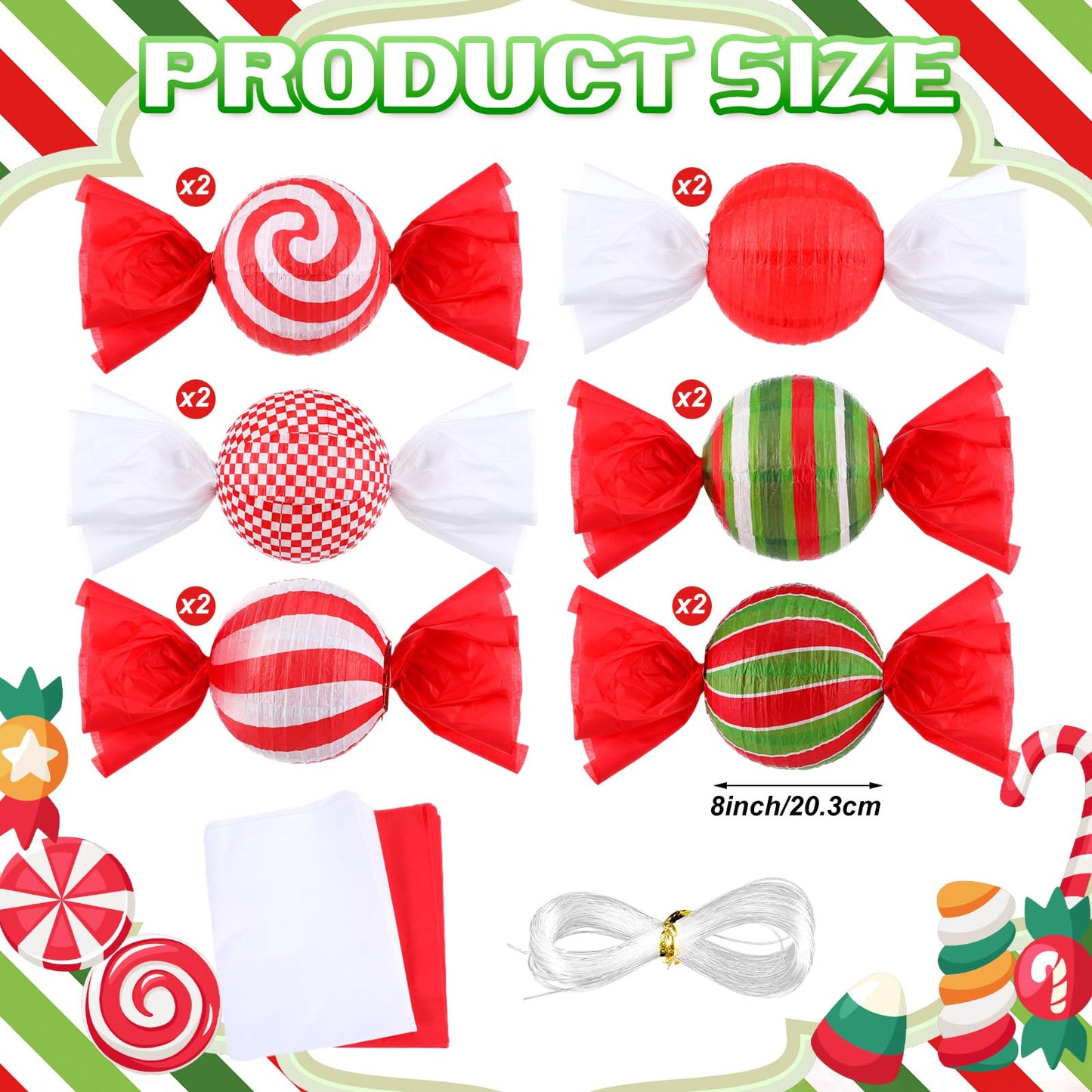 Faccito 12 Pcs Christmas Candy Paper Lanterns 8 Inch Red Green White Candy Canes Peppermint Lanterns DIY Decorative Hanging Paper Party Decorations for Xmas Party Supplies