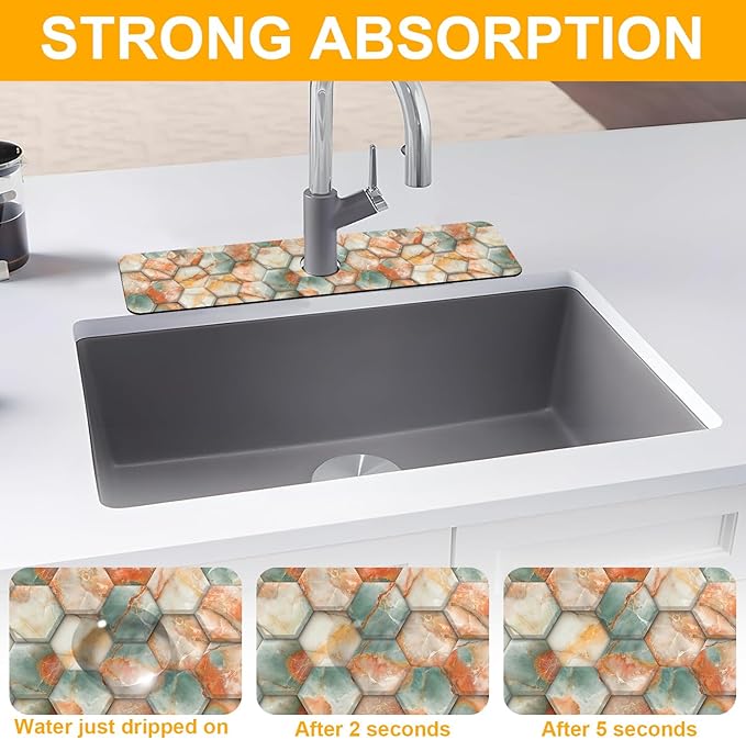 2 Pack Hexagon Marble Sink Splash Guard Faucet Mat Gold Glitter Lines Marble