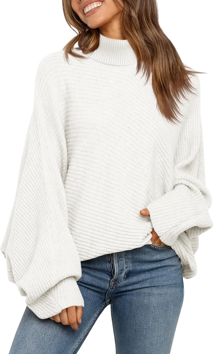 Mafulus Women's Oversized Crewneck Sweater Batwing Puff Long Sleeve Cable Slouchy Pullover Jumper Tops