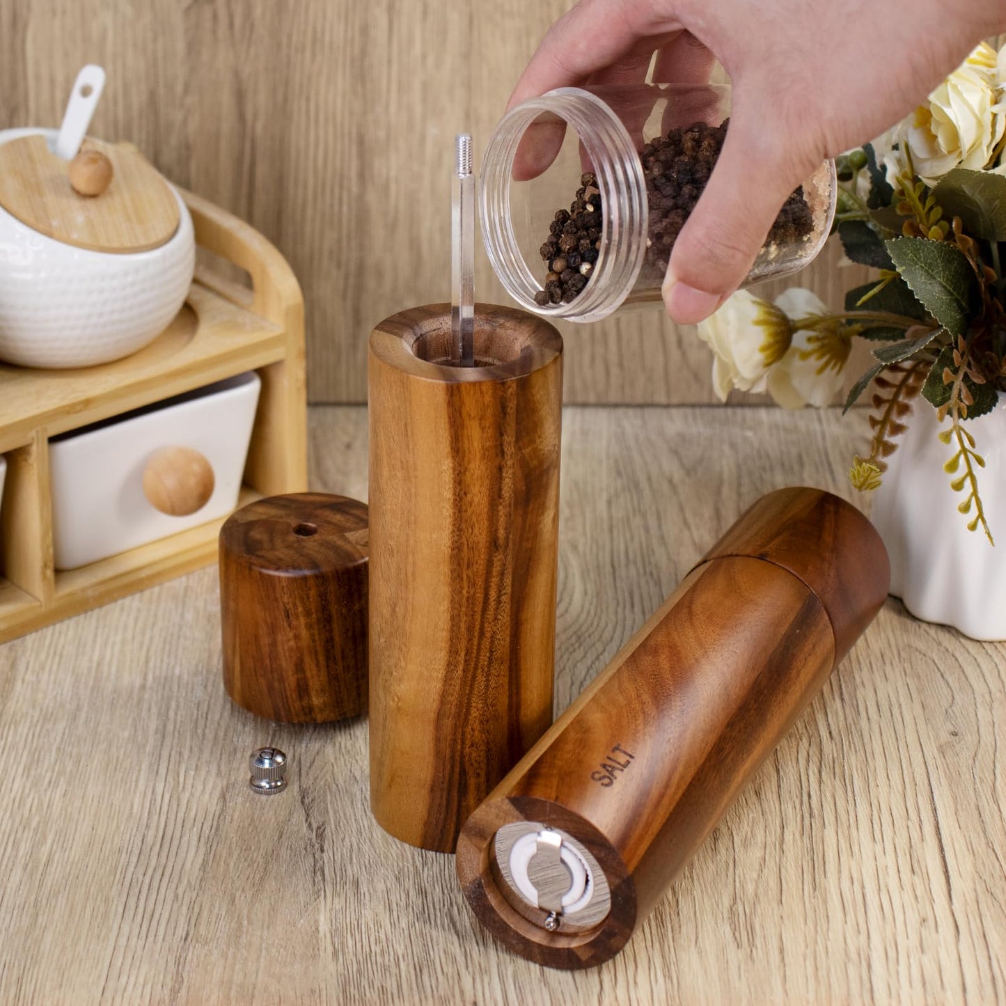 XWXO 2 Pack Acacia Wooden Salt and Pepper Grinder Set 8 Inches Refillable Salt and Pepper Mills Adjustable Coarseness, Acacia Wood with Ceramic Core Peppercorn Shaker Tableware Birthday Gifts