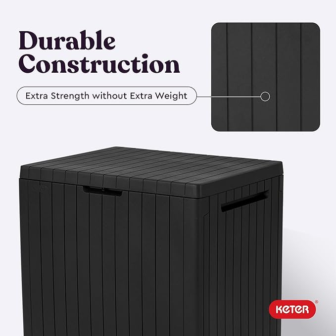 Keter City 30 Gallon Resin Outdoor Storage Box & Patio Side Table for Balcony, Pool, Deck & Garden Accessories, Weather‑Resistant, Dark Grey