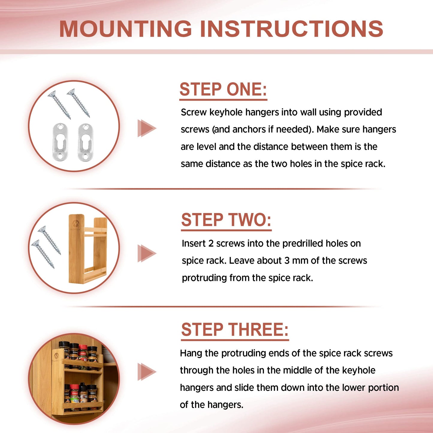 Morvat Bamboo Wooden Spice Jar Rack, 2-Tiered Seasoning Holder Organizer Set with 2 Shelves, Spice Storage Shelf for Kitchen Pantry & Cabinet, Counter or Wall Mount Option with Included Hardware
