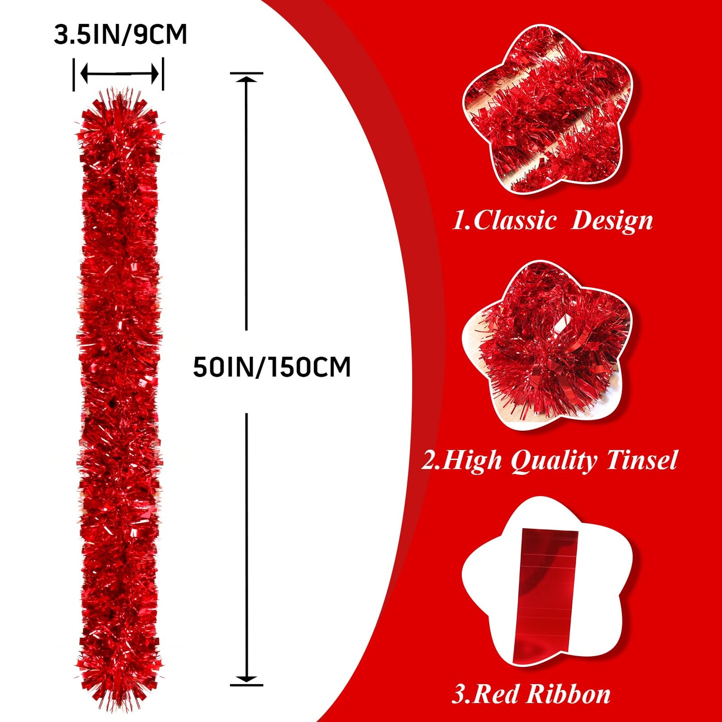 50Ft Red Christmas Garland Decorations,Xams Tinsel Stems Non-Lit Soft Twist Garland Decor for Tree Stairs Railing Front Door Mantle Fireplace Indoor Outdoor Holiday Home
