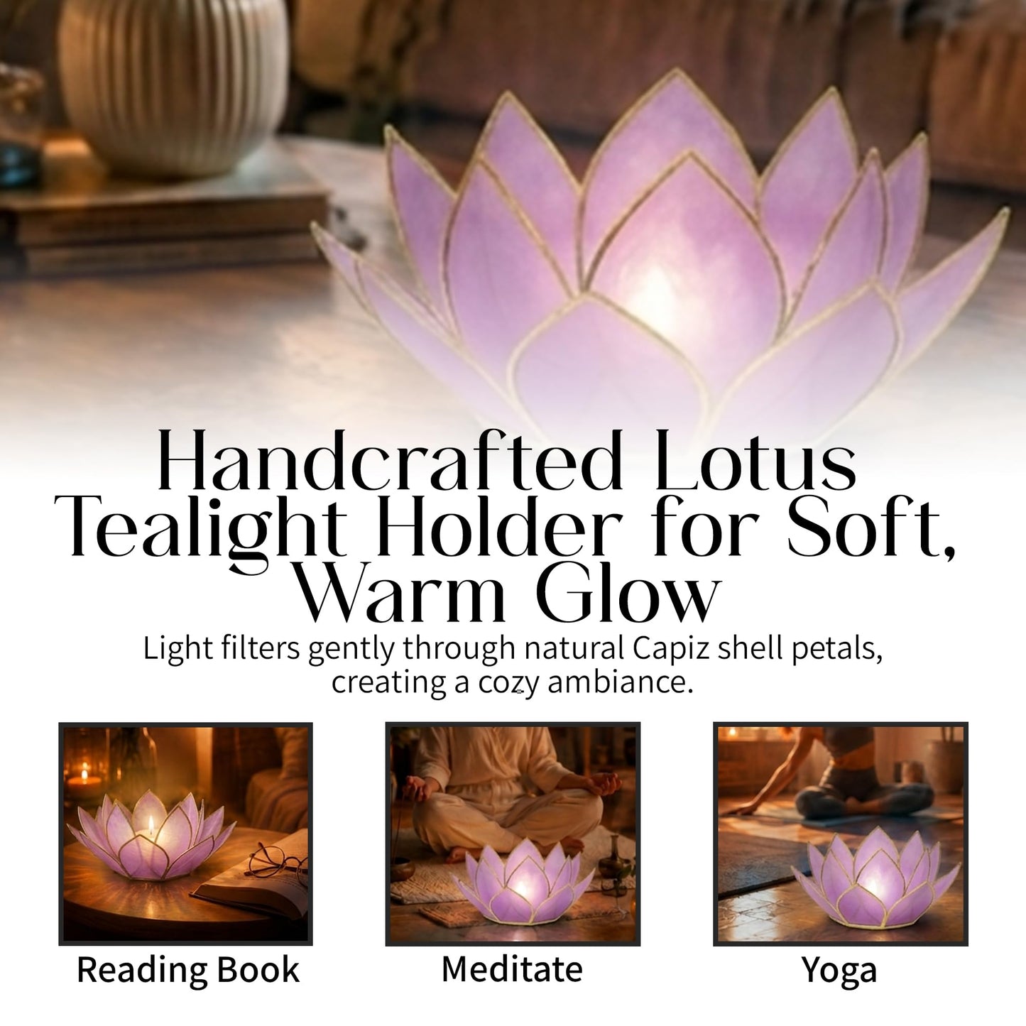 Om Gallery Mini Gemstone Lotus Tealight Holder - Handcrafted Capiz Shell Design for Soft Glow, Elegant Home & Table Decor, Wedding Centerpieces, Votive Candle Styling & Thoughtful Gifting - Amethyst