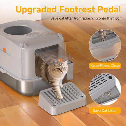 Stainless Steel Cat Litter Box with Lid, XL Extra Large Metal Litter Box for Big Cats, 180° Flip Cover Enclosed Top Entry Litter Boxs with High Sided Enclosure & Scoop, Non-Sticky, Anti-Leakage