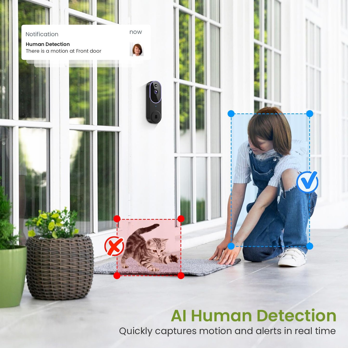 1080P Wireless Video Doorbell Camera, Smart Outdoor Surveillance Cam, FHD Live View, Cloud Storage, AI Human Detection, Instant Alert, Night Vision, Two Way Audio, 2.4G WiFi Only (Purple)