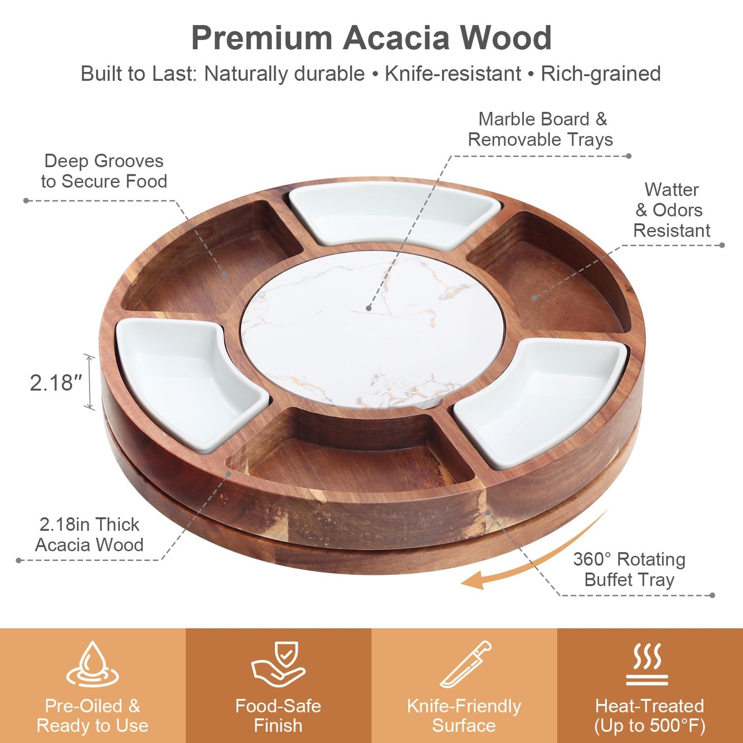 360° Rotating Lazy Susan Cheese & Charcuterie Board Set - 13.5" Acacia with Built-in Slate Chiller, 3 Ceramic Bowls & 2 Cheese Knives - Housewarming, Birthday & Wedding Gift
