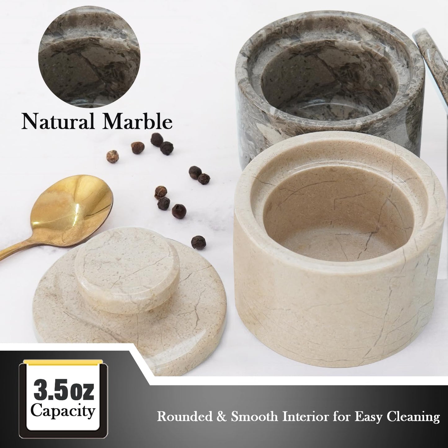 MARBLOUS KRAFTS Marble Salt Cellar 3" Inch Oceanic and Verona Celtic Salt and Spice Holders, DiningTable Decor for Kitchen & Home, Sea Salt Holder with Lid Storage Container