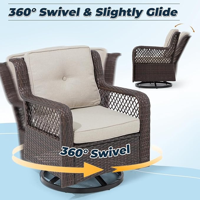 3 Pieces Patio Swivel Chairs, Wicker Patio Conversation Sets