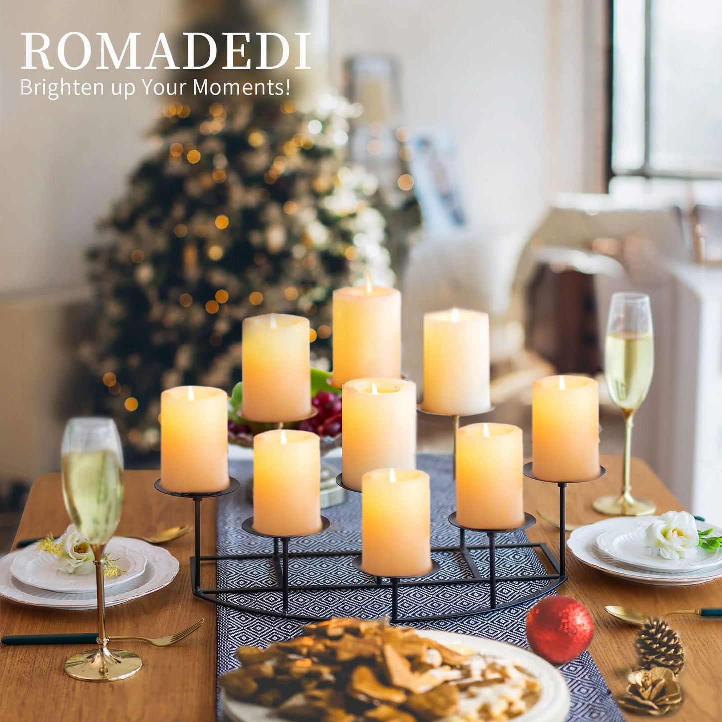 Romadedi Fireplace Candle Holder 9 Candelabra - for Pillar Candles Black Candle Stand Iron Table Centrepiece Mantle Floor Decor Christmas Advent Decoration