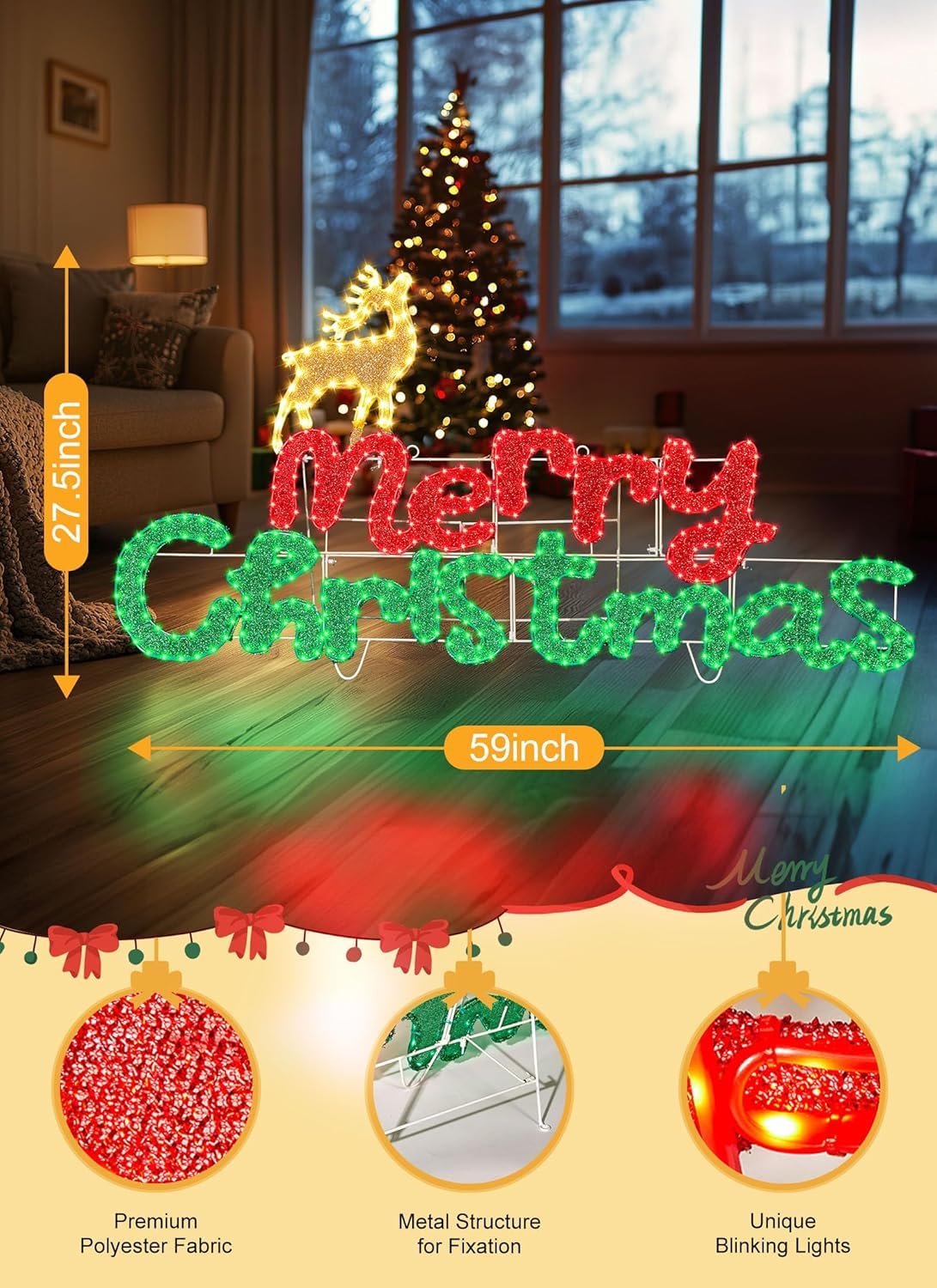 Brightown 4.9FT Merry Christmas Sign Decoration Outdoor, Lighted Merry Christmas Sign with Reindeer, Xmas Neon Lighted Sign for Outside Indoor Front Door Window Wall Hanging Lighted Holiday Displays