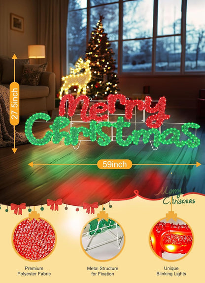 Brightown 4.9FT Merry Christmas Sign Decoration Outdoor, Lighted Merry Christmas Sign with Reindeer, Xmas Neon Lighted Sign for Outside Indoor Front Door Window Wall Hanging Lighted Holiday Displays
