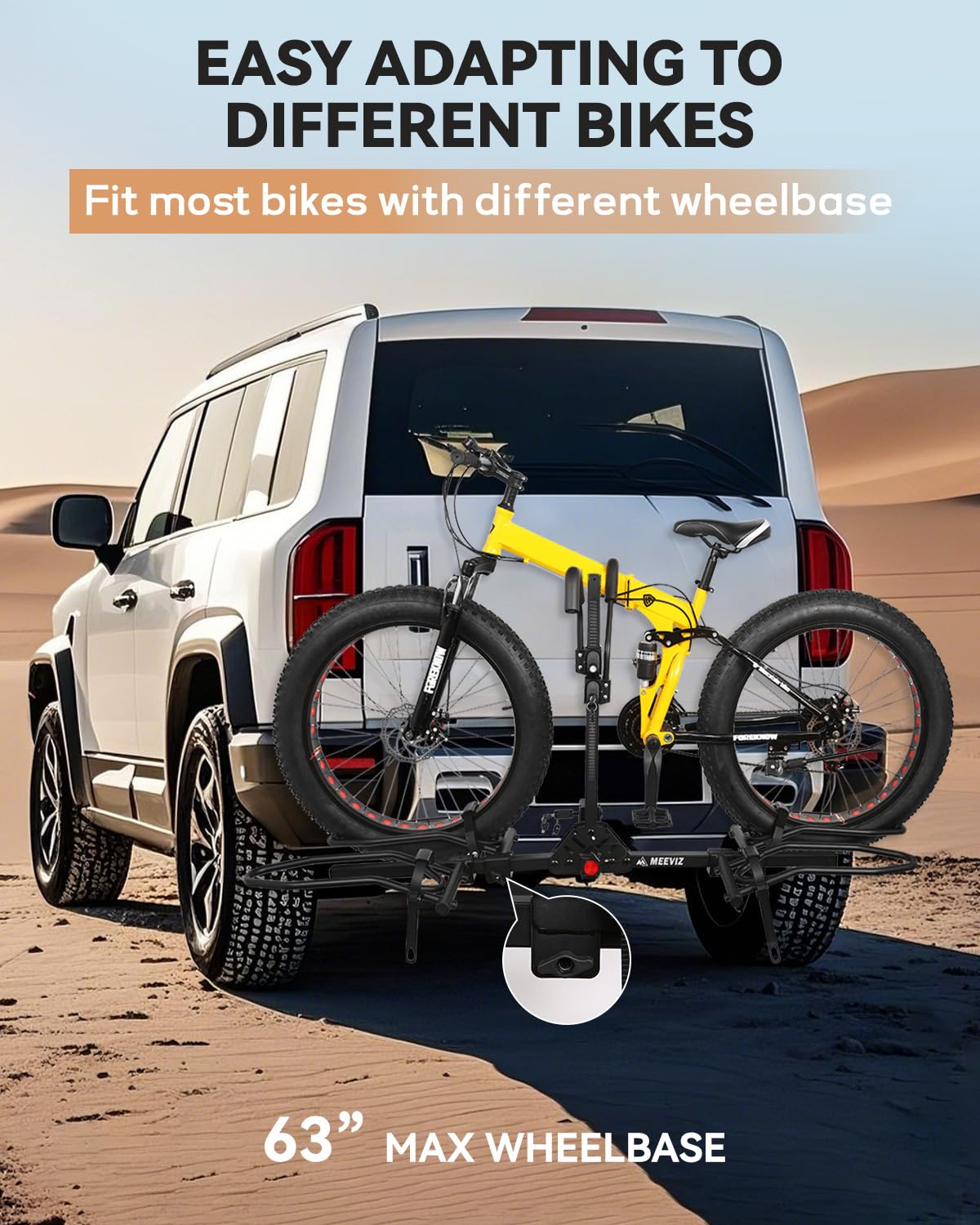 MEEVIZ Bike Rack Hitch with Lock, Platform 2-Bike Rack for Car SUV RV Camper Truck Trailer, Hitch Bike Rack for Fat Tire, Mountain Bikes, EBikes and EMTB, 180 lbs Capacity Bike Carrier for 2" Receiver