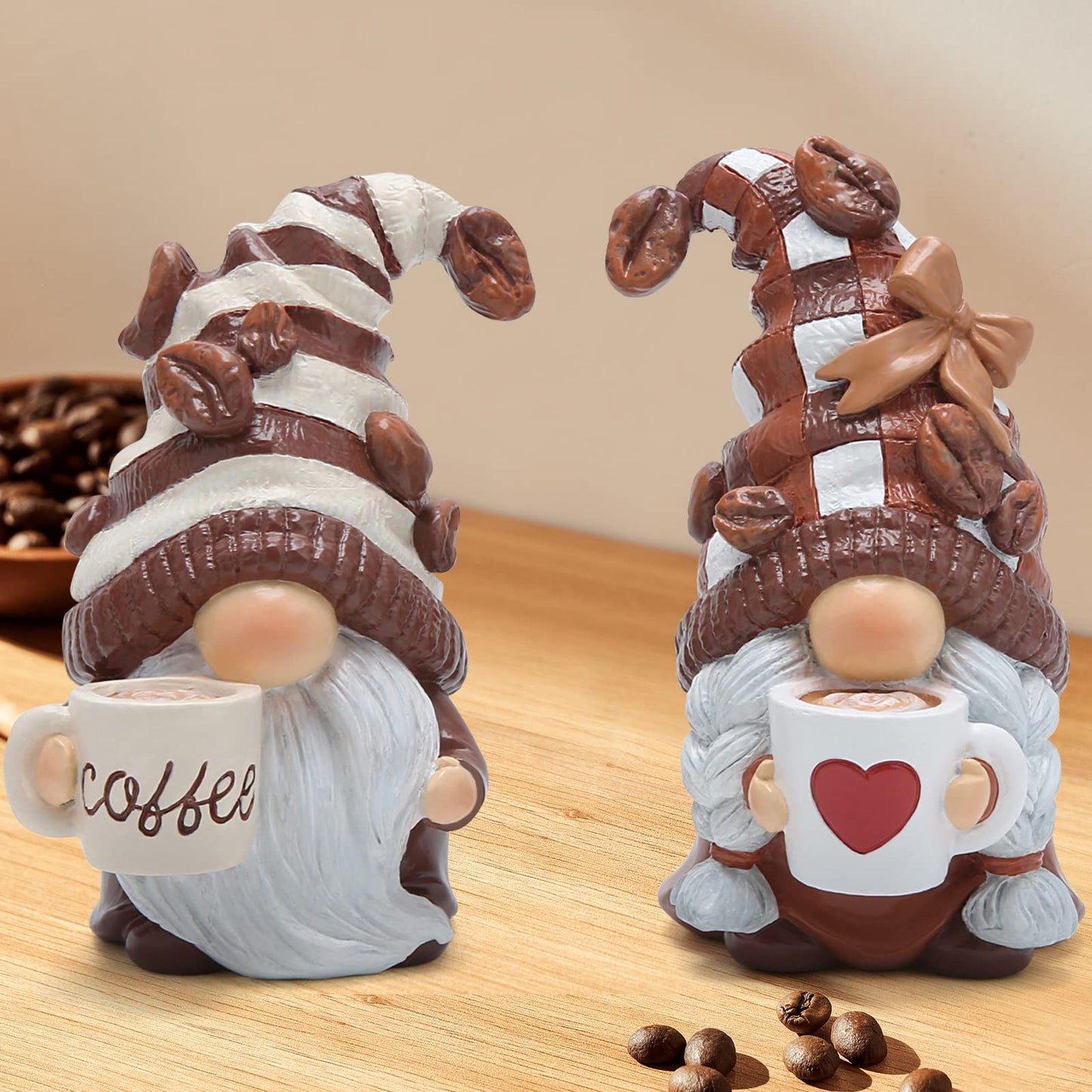 Hodao 2PCS Coffee Gnomes Figurines - Swedish Tomte Elf Dwarf Decor for Bar, Home, Gifts, Holiday Coffee Corner Decoration, Cute Christmas Farmhouse Tiered Tray Ornament for Kitchen Display