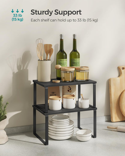SONGMICS Cabinet Organizer Shelf, Set of 2 Kitchen Counter Shelves, Kitchen Storage, Spice Rack, Stackable, Expandable, Metal and Engineered Wood, Ink Black and Natural Beige UKCS02NB