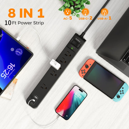 2 Pack Power Strip Surge Protector - 5 Widely Spaced Outlets 3 USB Charging Ports, 1875W/15A 6Ft Braided Extension Cord, Flat Plug Overload Protection, Wall Mount for Home Office Dorm Room Essentials