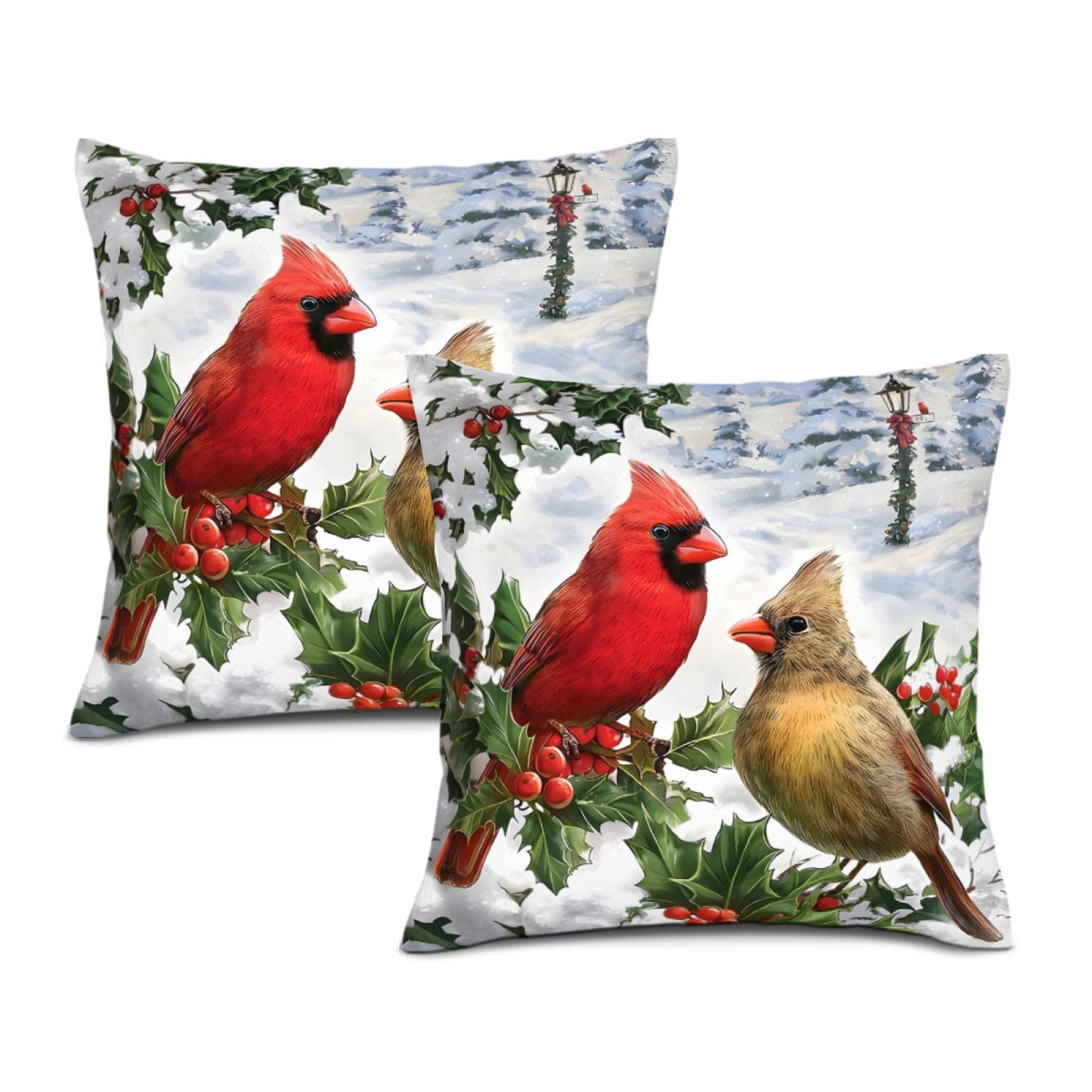 Waiyear Throw Pillows Cover Winter Cardinal Birds Pillow Cases 18"x18" Set of 2,Winter Christmas Pillow Cases for Christmas Living Room Couch Decor