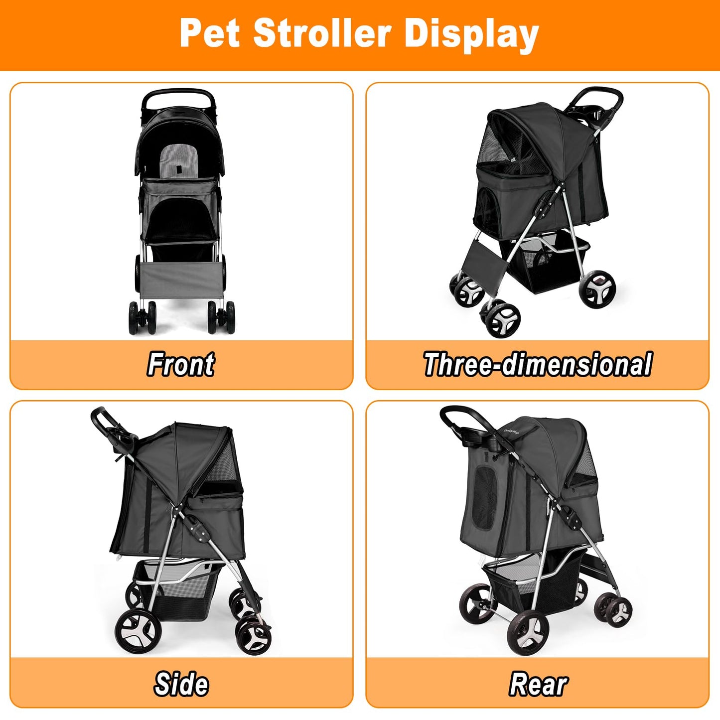 Display4top Pet Travel Stroller Dog Cat Pushchair Pram Jogger Buggy with 4 Wheels (Black)
