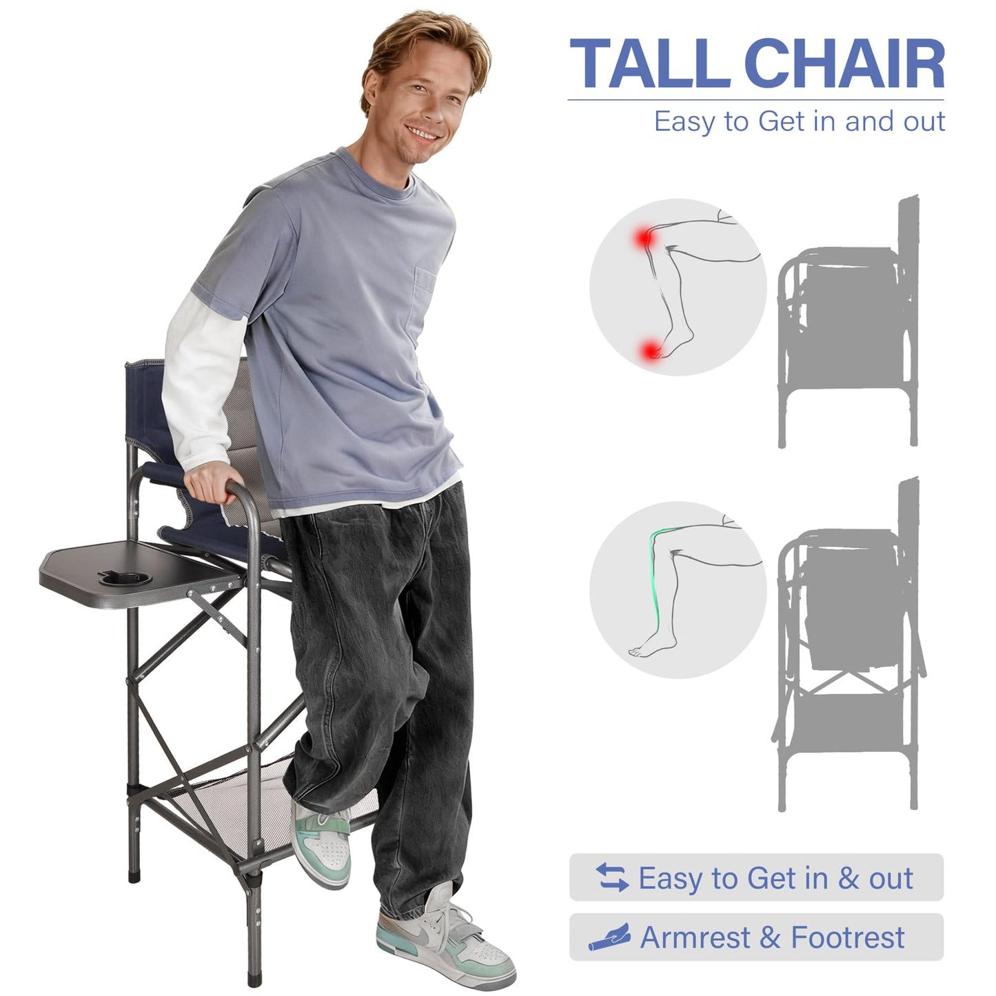 LANMONTAIN Folding Tall Director Chairs,30.7'' Seat High Makeup Solan Chairs,Portable Camping Chair w/Side Table Functional Pocket and Footrest,Comfy Bar Stool Heavy Duty Supports 350 Lbs,Blue
