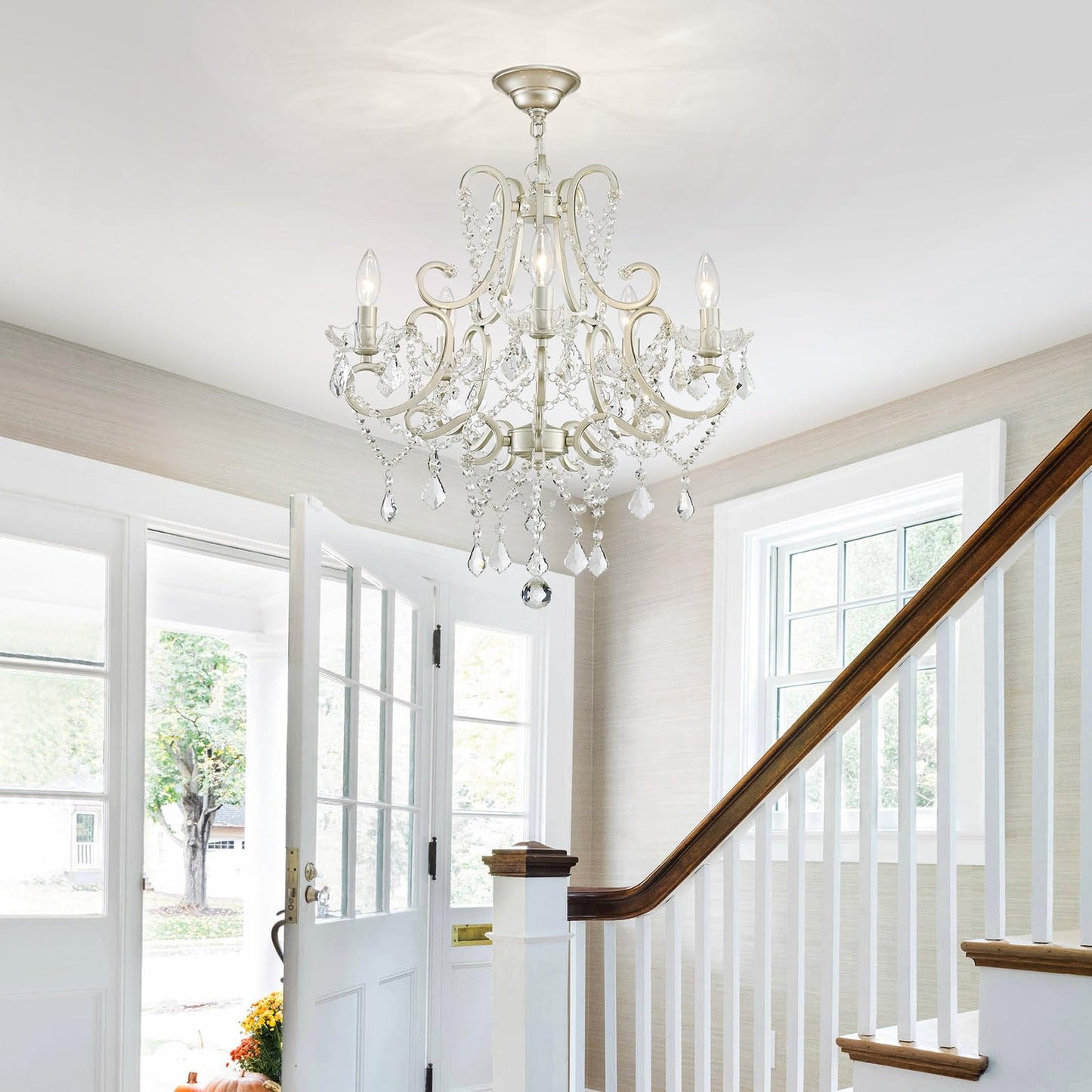 Crystal Chandelier, 5-Light Modern Chandelier for Dining Room Light Fixture, Nickel Finish Pendant Ceiling Light Fixture, Modern Candle Chandelier for Living Room Kitchen Island Entryway Bedroom