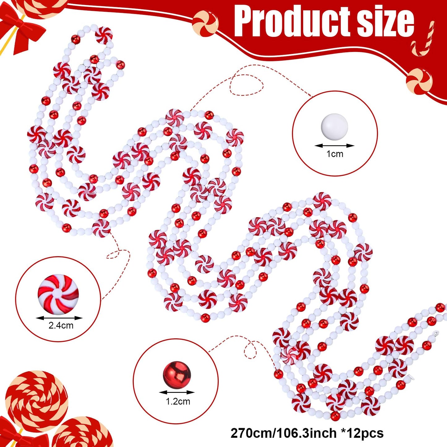 Gerrii 108 ft Christmas Candy Garland Christmas Tree Candy Bead Garland Holiday Plastic Cane Peppermint Red and White Decorations Xmas Hanging Garlands for Xmas Party Fireplace Home Decor