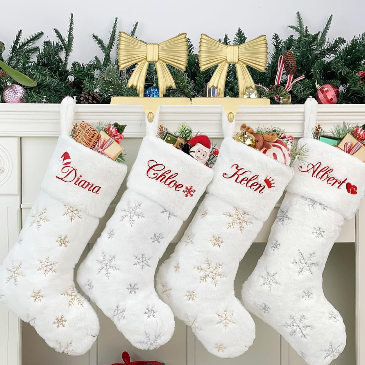Kersiki Christmas Stocking Holders Set of 2 - Christmas Stocking Holders for Fireplace- Metal Stocking Hanger for Mantel-Stocking Hooks for Christmas Party and Home Decoration (Gold Bowknot)
