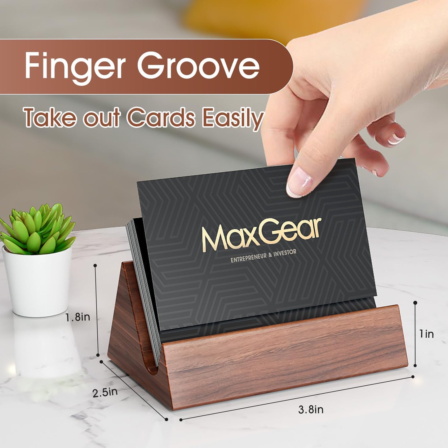 MaxGear Walnut Wood Business Card Holder, Wooden Desk Organizer for Storing & Displaying Business Cards, Elegant Mountain Design with Non-Slip Base for Office