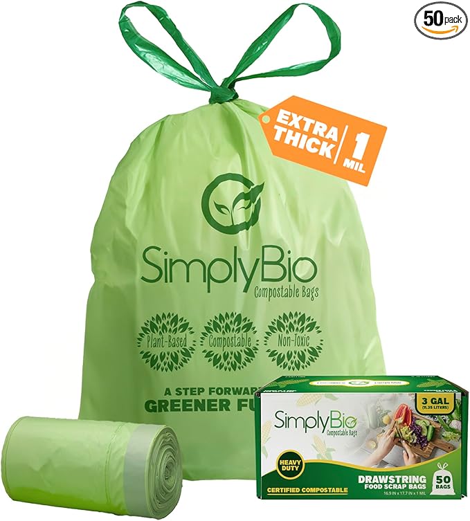 Simply Bio 3 Gallon Compostable Trash Bags Liners Drawstring, Heavy Duty Extra