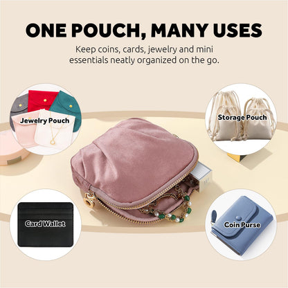 Lumayina Velvet Travel Jewelry Pouch, 2-in-1 Clamshell Case with Detachable Insert, Portable Travel Jewelry Organizer with Wrist Strap, Converts to Mini Coin Purse, Gift for Women & Girls (Dusty Pink)
