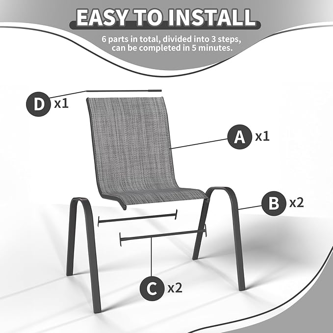 Patio Dining Chairs Set of 6, Outdoor Stackable Dining Chairs High Back, Patio Furniture for Backyard, Porch, Garden, Poolside (Grey)
