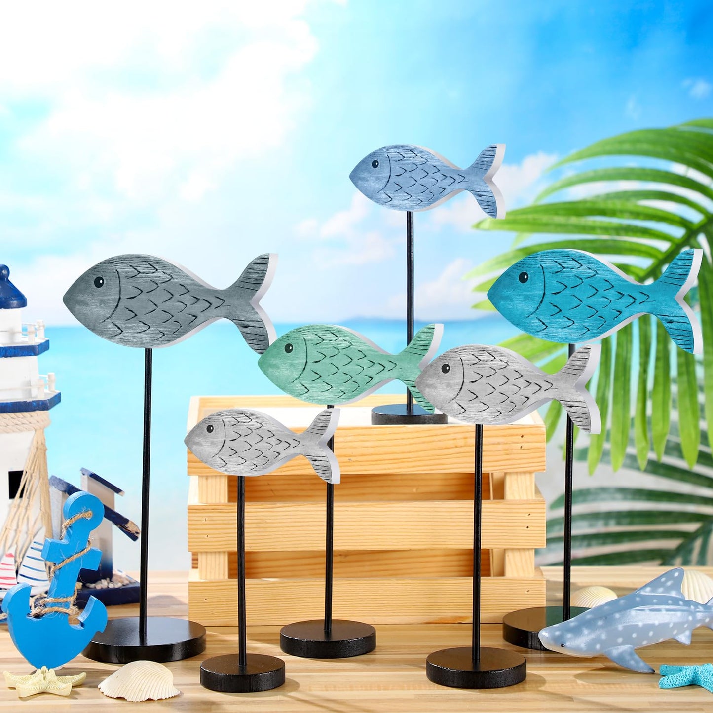 Geetery 6 Pcs Wooden Fish Table Decor Summer Ocean Tabletop Centerpiece Sea Animal Standing Sign Rustic Wood Fish Home Decor Coastal Beach Figurines Block for House Office(Classic Style)