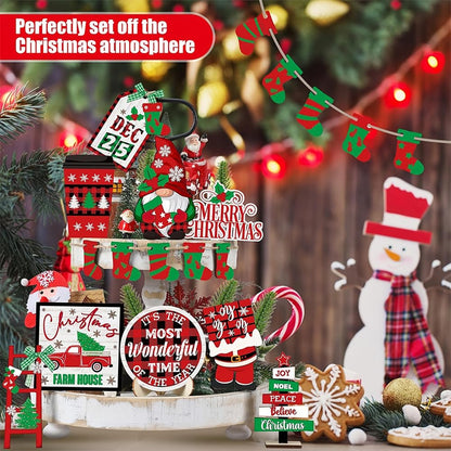 FRANDEK 14Pcs Christmas Tiered Tray Decoration Set, Wooden Winter Holiday Decor with Santa Gnome Sock Designs, Fireplace Mantel Centerpiece Decorations for Home Shelf Fireplace Kitchen Home Party