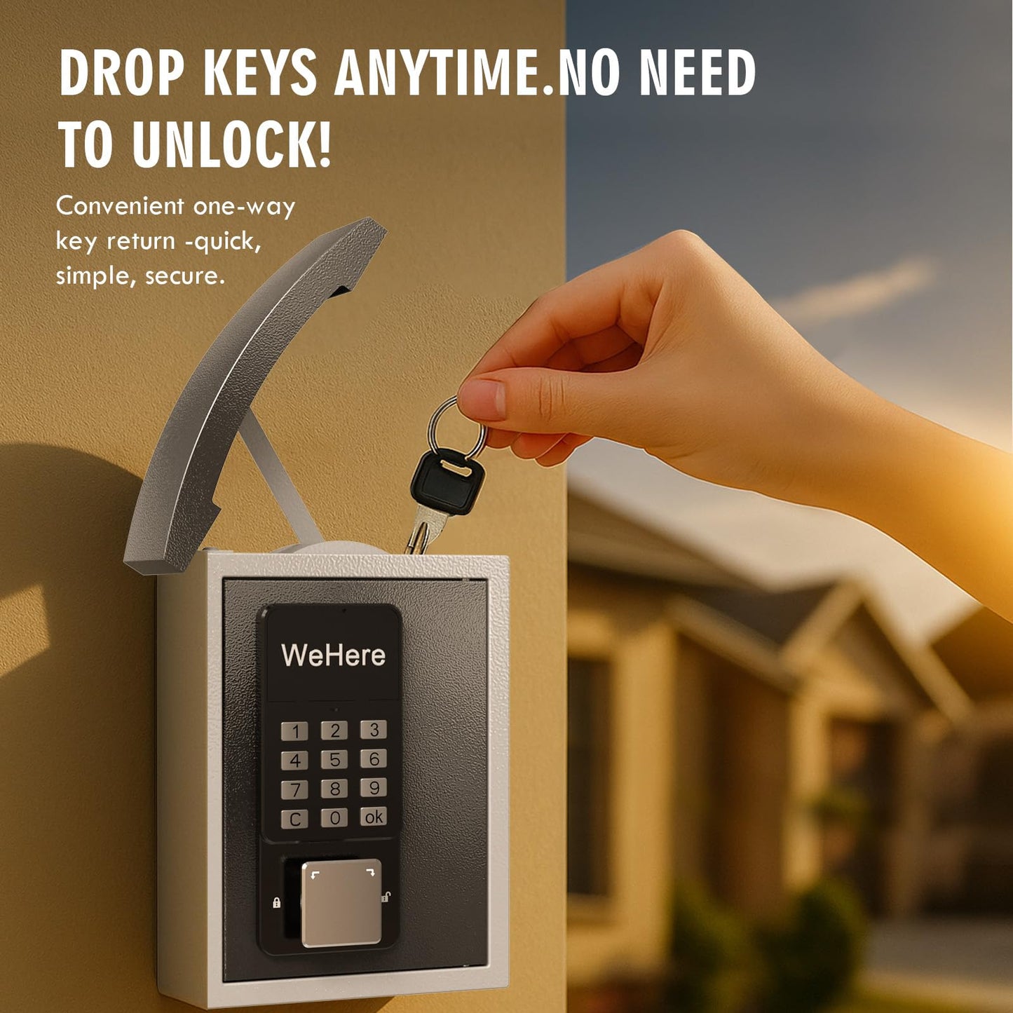 WeHere Key Lock Box Wall Mount with Key Drop Slot, Smart Digital Lockbox, OTP/APP Bluetooth/Wi-Fi/Fixed Code/Key Unlock, Key Safe Security Storage for House Outside, Realty Business, Apartment, Store
