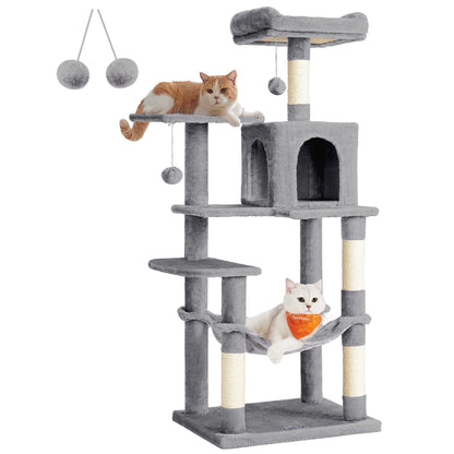 Feandrea Cat Tree, 143 cm Multi-Level Plush Cat Condo with 4 Scratching Posts, 2 Perches, Cave, Hammock, Pompoms, Light Grey