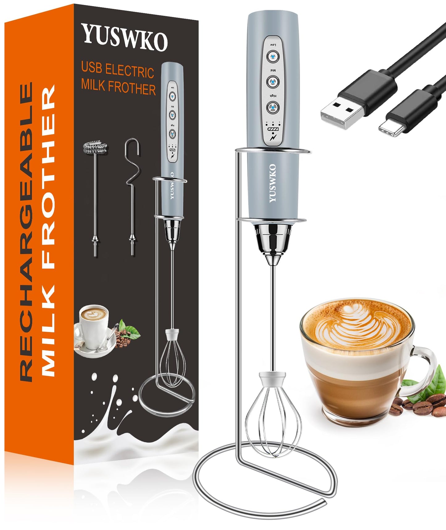 YUSWKO Black Handheld Milk Frother Wand for Coffee, Rechargeable Electric Whisk with 3 Heads 3 Speeds Drink Mixer Coffee Frother For Latte, Cappuccino, Hot Chocolate, Egg