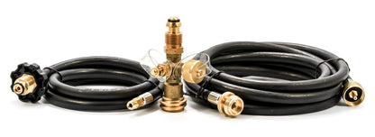 Camco Propane Brass 4 Port Tee- Comes with 5ft and 12ft Hoses, Allows for Connection Between Auxiliary Propane Cylinder and Propane Appliances (59123), Black
