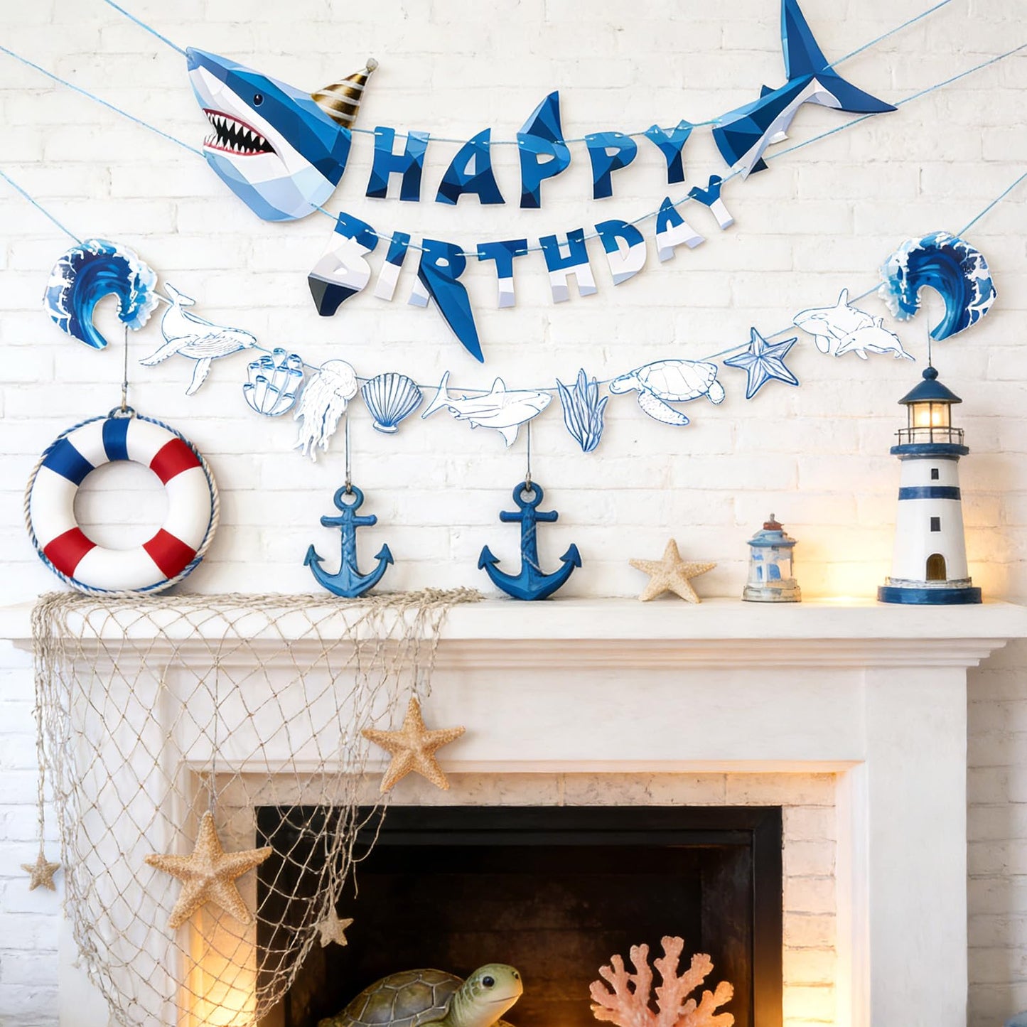 SUNBEAUTY Shark Birthday Party Decorations Shark Happy Birthday Banner Ocean Theme Hanging Shark Garland Under The Sea Pre-strung Shark Birthday Banner for Boys Baby Shower Beach Summer Pool Party（Blue）