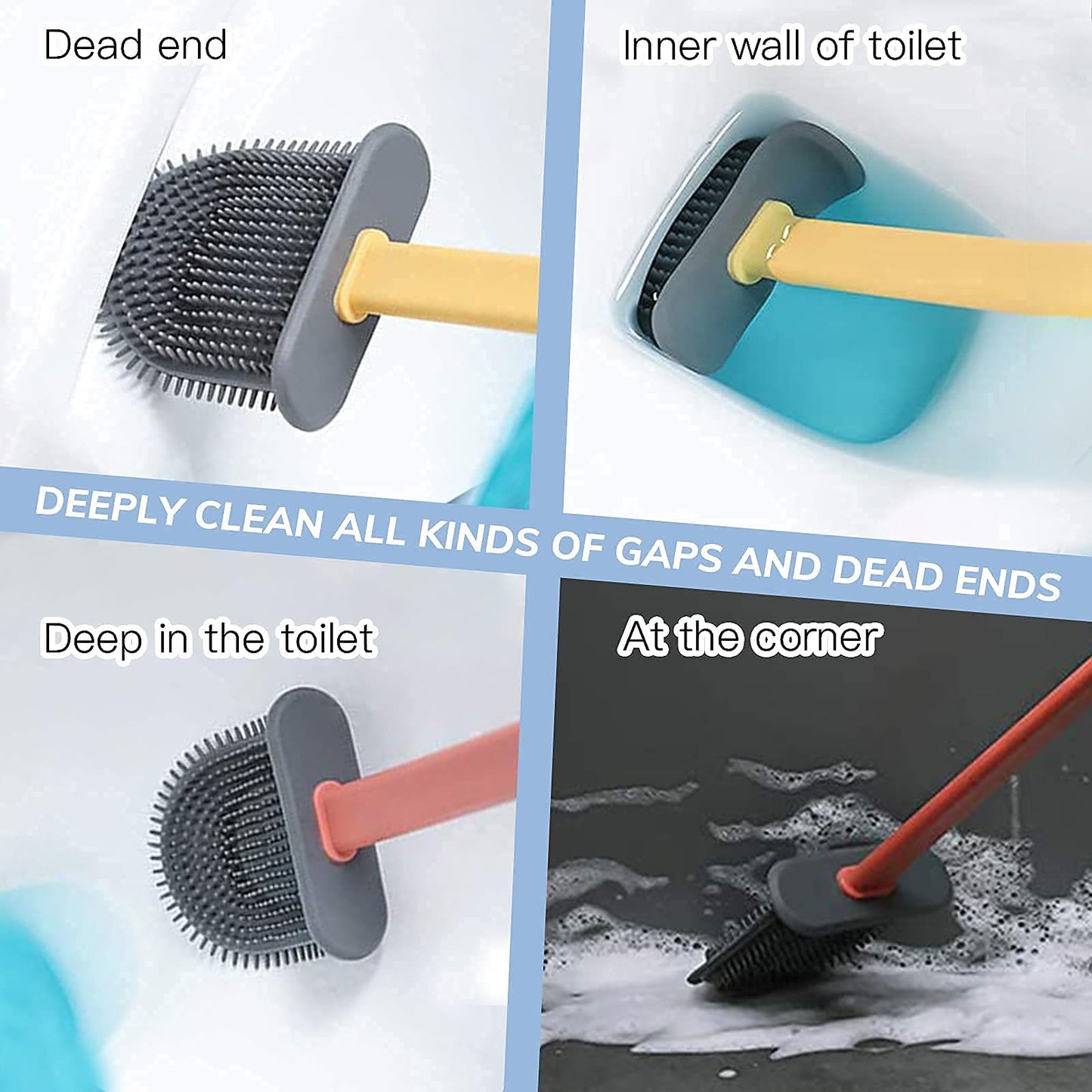 Toilet Brush, 2 Pack Bathroom Silicone Toilet Brushes and Holder Sets with No-Slip Long Plastic Handle and Soft Flexible Bristles, Toilet Brushes with holders and Base for Anti-drip (White)