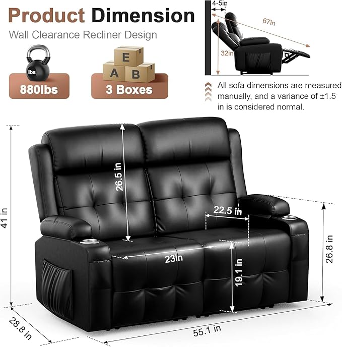 Reclining Loveseat, 55.1" RV PU Leather Wall Hugger Recliner Love Seats Sofa