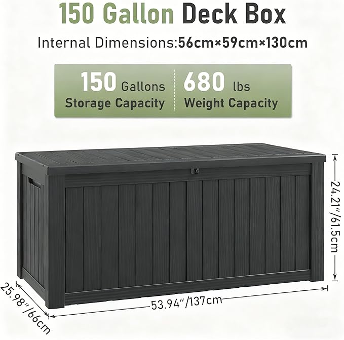 Outdoor Storage Box, Resin Deck Boxes Indoor and outdoor, Waterproof Storage Box Lockable Lid (Black,150 Gallon)