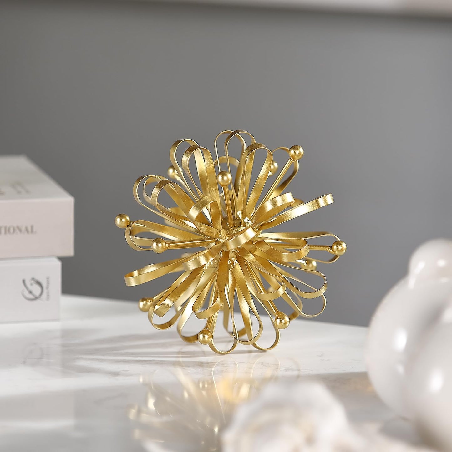 Retrome 6.7" Decorative Metal Starburst Tabletop Shelf Sculpture Accent, Gold Modern Table Decor, Looped Ribbon & Beads Edges Detailed