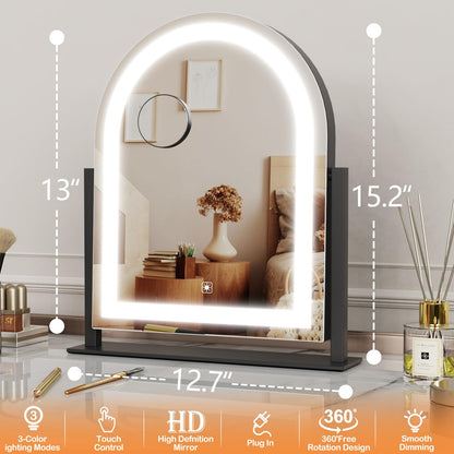 Arched Makeup Vanity Mirror with Lights 17.2" Large LED Lighted Mirror, Hollywood Make Up Mirror with Lighting, Smart Touch,Detachable 5X Magnification 360° Rotation, (Gold,Gift Box)