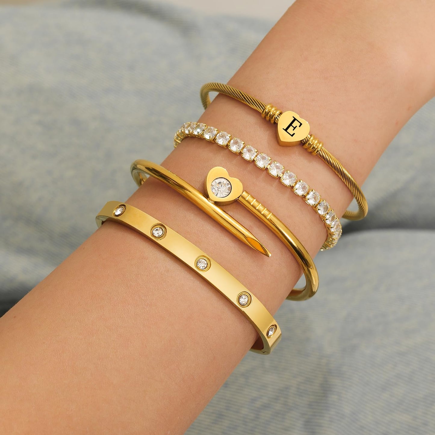 MEIERYA18K Gold Plated Nail love Bangle Bracelet Set for Women,Cubic Zirconia,Adjustable tennis bracelet Trendy Gift Jewelry for Mother's Day Anniversary (05-Style-E)